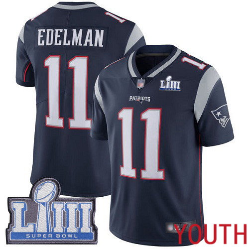 New England Patriots Football #11 Super Bowl Limited Navy Blue Youth Julian Edelman Home NFL Jersey->youth nfl jersey->Youth Jersey